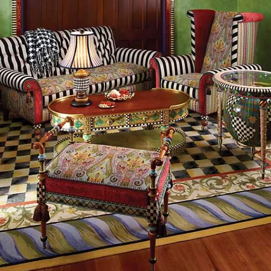 Tappeto decorativo MacKenzie-Childs - Scacchi eleganti con sfumature viola e verde bosco, misura 270x360 cm, perfetto per ambienti raffinati