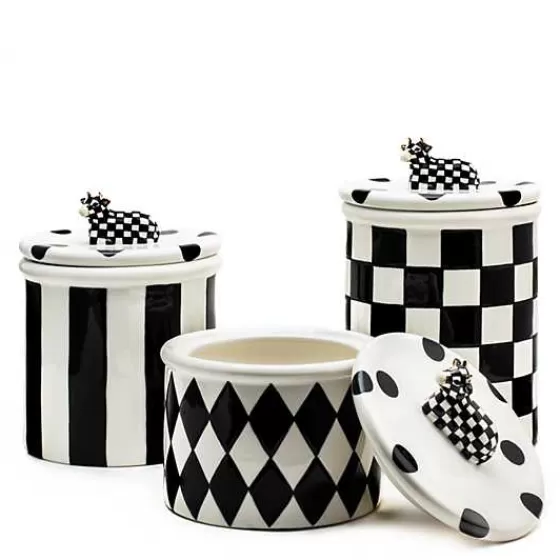 Trio di Contenitori Latte in Stile Rustico - MacKenzie-Childs 
Set da 3 Barattoli Decorati con Fantasia Bovina 
Scatole per Latticini con Design Giocoso - Collezione Nuova
