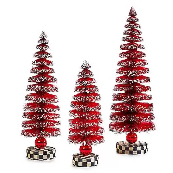 Trio di Alberelli Natalizi in Seta Rossa MacKenzie-Childs - Decorazioni Festive con Pennacchi per un Caldo Atmosfera Invernale
