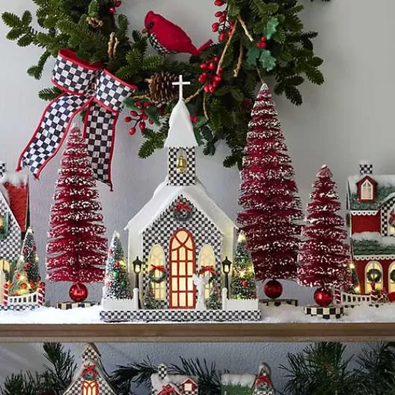Trio di Alberelli Natalizi in Seta Rossa MacKenzie-Childs - Decorazioni Festive con Pennacchi per un Caldo Atmosfera Invernale