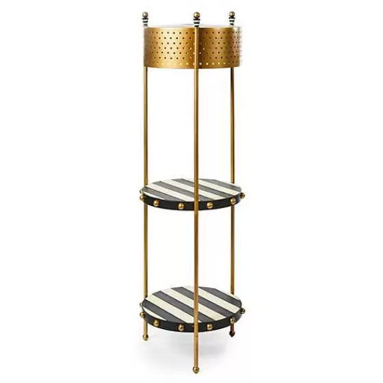 Lampada da Terra Elegante con Strisce in Pelle e Ripiano - Design MacKenzie-Childs Disponibile Online