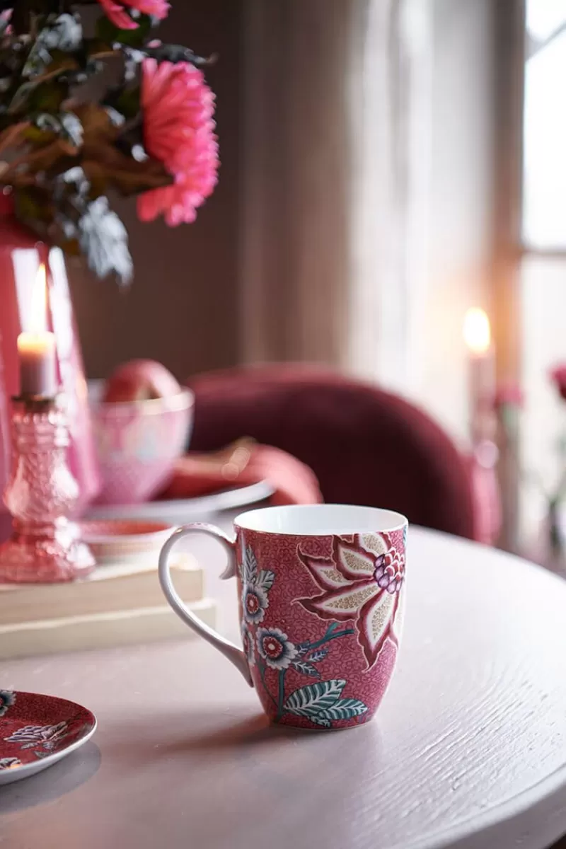 Pip Studio - Set Colazione Festa dei Fiori da 3 Pezzi in Rosa Scuro con Motivi Botanici