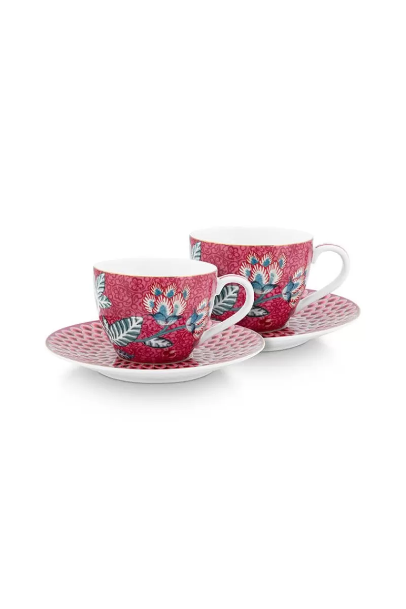 Pip Studio - Set da 2 Tazze da Caffè con Piattini, Decorazione Festival Floreale in Rosa Scuro - Design Elegante per Appassionati di Caffè