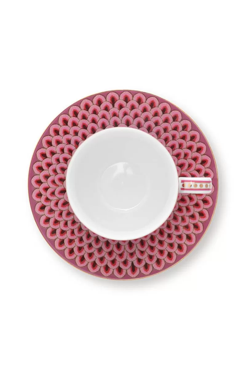 Pip Studio - Set da 2 Tazze da Caffè con Piattini, Decorazione Festival Floreale in Rosa Scuro - Design Elegante per Appassionati di Caffè