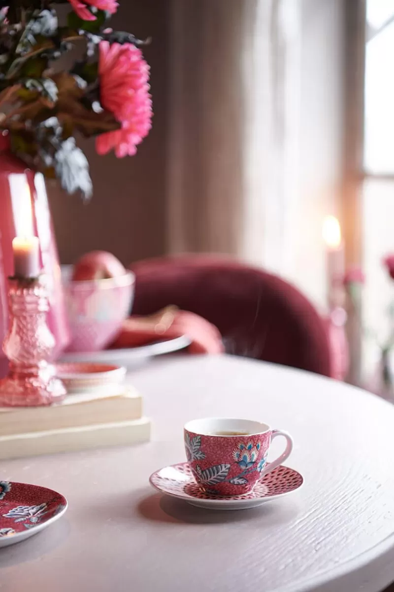 Pip Studio - Set da 2 Tazze da Caffè con Piattini, Decorazione Festival Floreale in Rosa Scuro - Design Elegante per Appassionati di Caffè