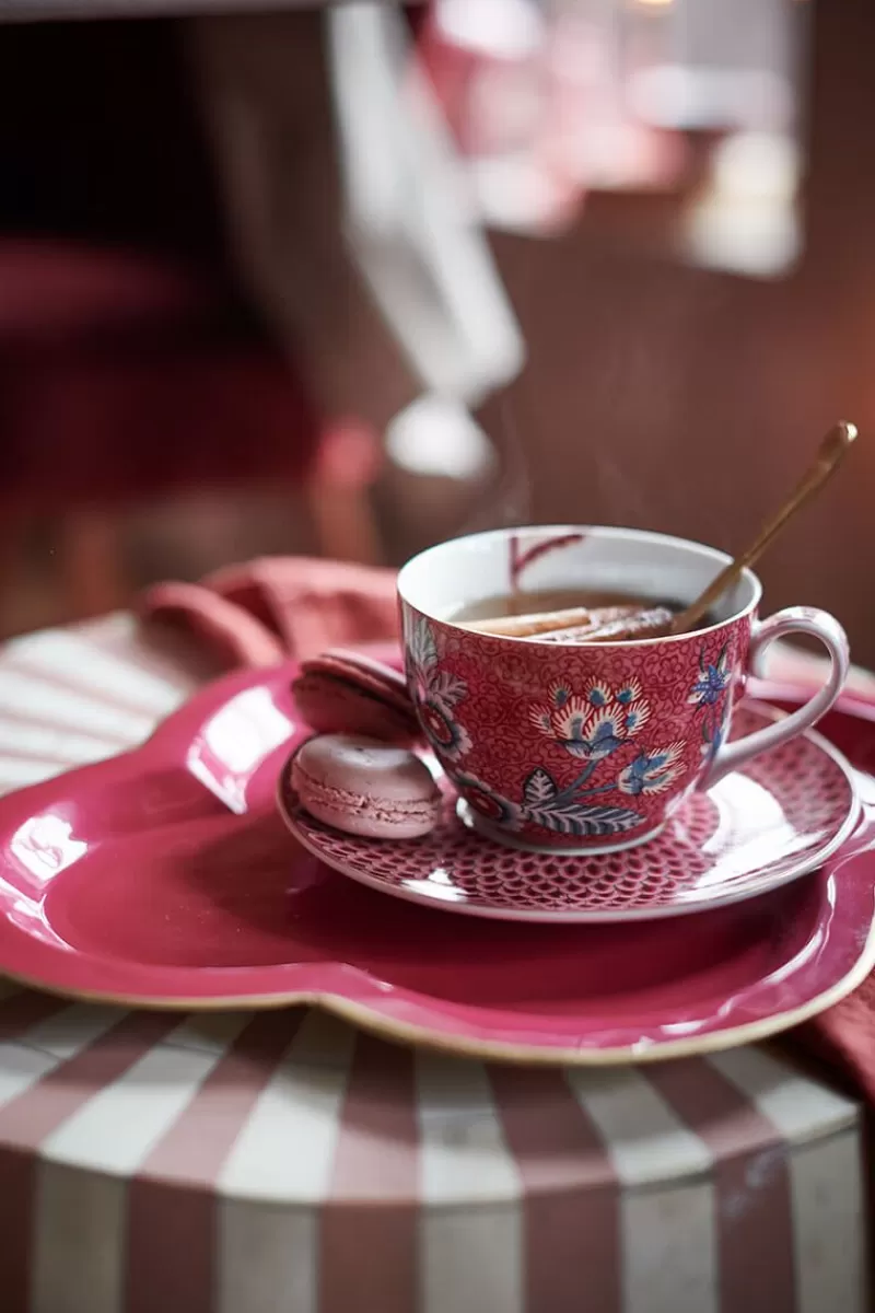 Pip Studio - Set da 2 Tazze da Caffè con Piattini, Decorazione Festival Floreale in Rosa Scuro - Design Elegante per Appassionati di Caffè