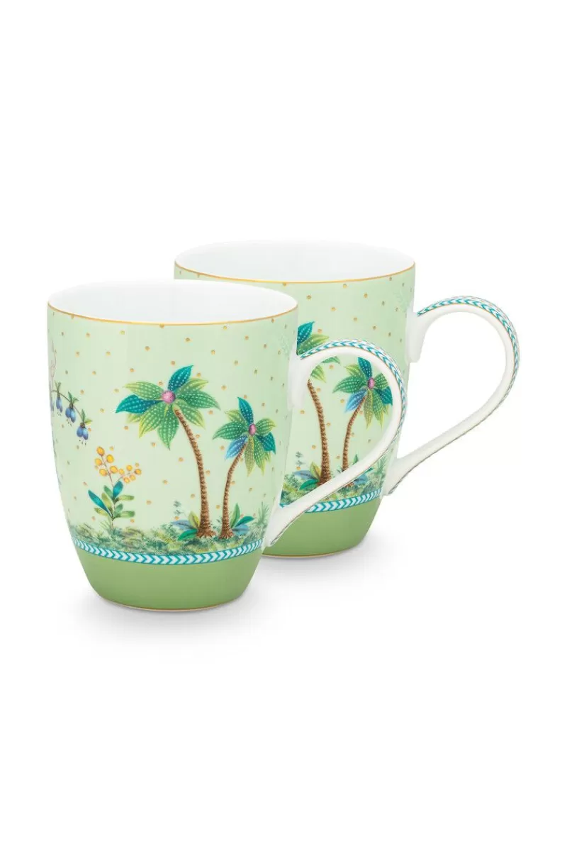 Coppia di tazze decorative Pip Studio Jolie - Design esclusivo con pois dorati su sfondo verde smeraldo, perfette per colazioni eleganti. Set da 2 pezzi in ceramica pregiata, ideale per arredare con stile la tua tavola.