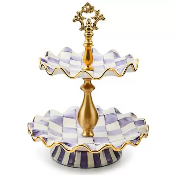 Elegante vassoio portadolci in ceramica a due livelli - Fantasia prugna decorata | Collezione esclusiva MacKenzie-Childs