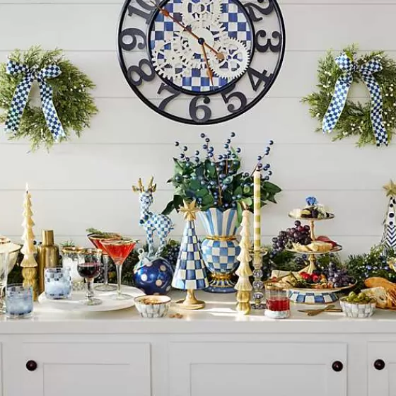 MacKenzie-Childs: Cervo Carino in Ceramica Decorato - Quadri Royal su Base Bianconera, Dettaglio da Collezione per Arredamento con Fascino Vintage