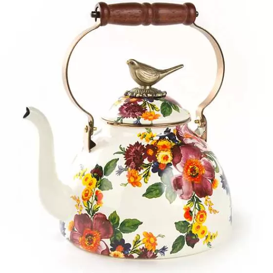 MacKenzie Childs - Teiera in Acciaio Bianco Fiorito, 2.8L con Uccellino Decorativo - Edizione Speciale 2024