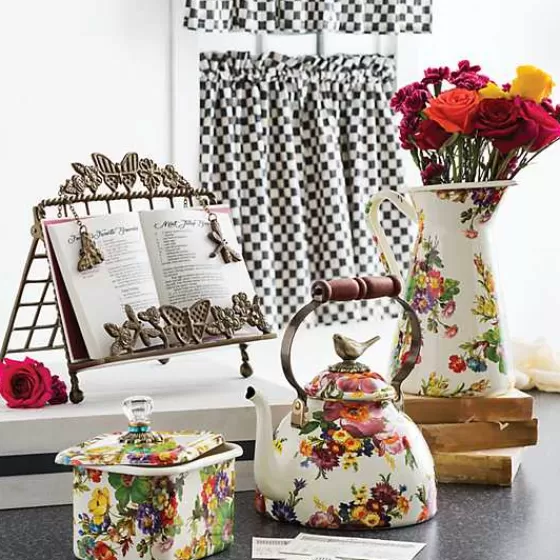 MacKenzie Childs - Teiera in Acciaio Bianco Fiorito, 2.8L con Uccellino Decorativo - Edizione Speciale 2024