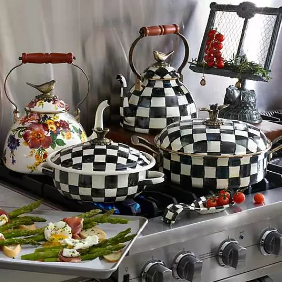 MacKenzie Childs - Teiera in Acciaio Bianco Fiorito, 2.8L con Uccellino Decorativo - Edizione Speciale 2024